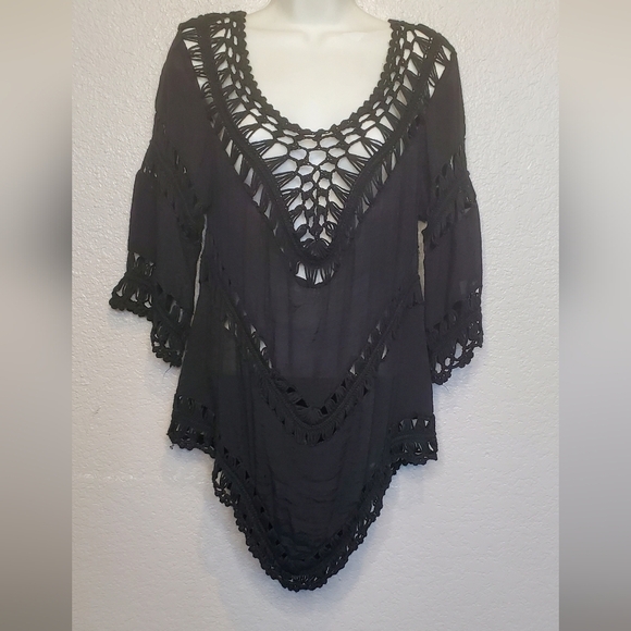 💚5/$25 Black Crochet Long Tunic Top Coverup Boho Festival Off The Shoulder - Picture 1 of 9